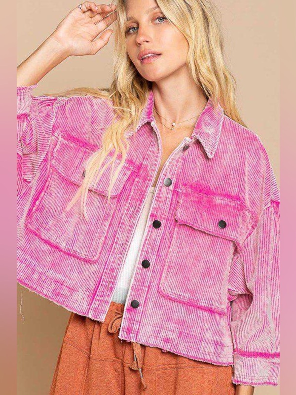 POL Pink Cropped Corduroy Frayed Jacket Button-Front Jacket Size Large